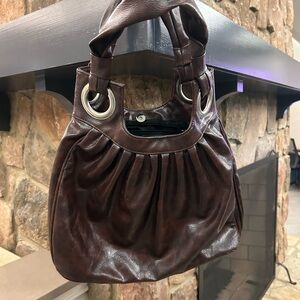 Bag Dark Brown Leather Shoulder Bag with Silver Grommet Detail by Mirror Mirror